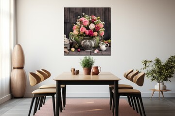 Interior of dining room with wooden table, chairs and flowers. 3d render, petals rose collection pink roses vase table favorite blurred high large canvas australian wildflowers, AI Generated