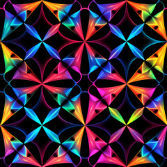 Printable Seamless Pattern with Neon Kaleidoscope, Geometric Design for Textile and Graphic Backgrounds, Vibrant Symmetrical Top View
