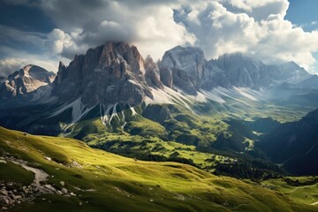 Fototapeta na wymiar Fantastic panoramic view of Dolomites mountains. Dramatic overcast sky. Italy, Europe. Beauty world, Panoramic view of the Dolomites. Italy, Europe, AI Generated
