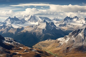 Beautiful alpine panoramic view of the Swiss Alps, Panoramic view of the Dolomites. Italy, Europe, AI Generated