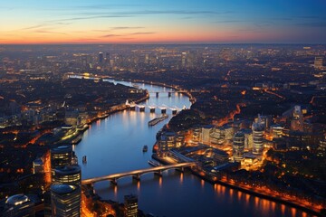 Panorama of London at sunset, United Kingdom. View from the Shard, Panoramic view on London and Thames at twilight, from Tower Brid, AI Generated