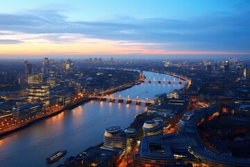 Aerial view of London at sunset, United Kingdom. Cityscape, Panoramic view on London and Thames at...