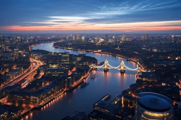 Foto auf Glas Aerial view of London at sunset, England, United Kingdom, Panoramic view on London and Thames at twilight, from Tower Brid, AI Generated © Iftikhar alam