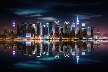 Fototapeta na wymiar night scene of shanghai skyline with reflection in Huangpu river, Panoramic view on Manhattan at night, New York, USA, AI Generated
