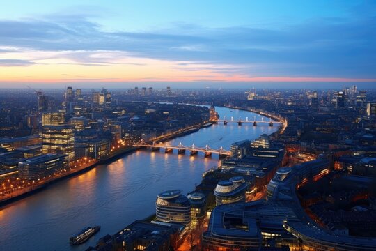 Aerial view of London at sunset, United Kingdom. Cityscape, Panoramic view on London and Thames at twilight, from Tower Brid, AI Generated