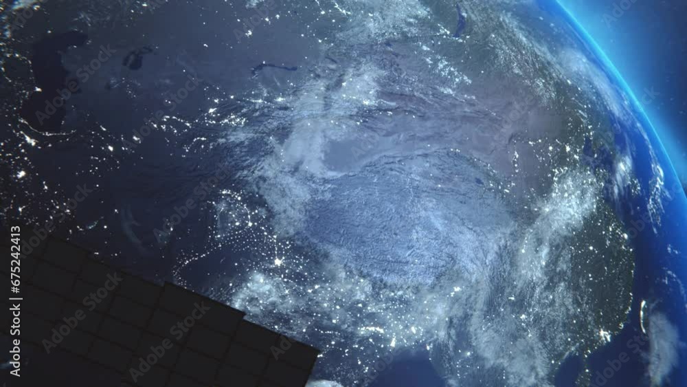 Poster concept data transfer. artificial satellite of the earth. a satellite flying in space over the globe