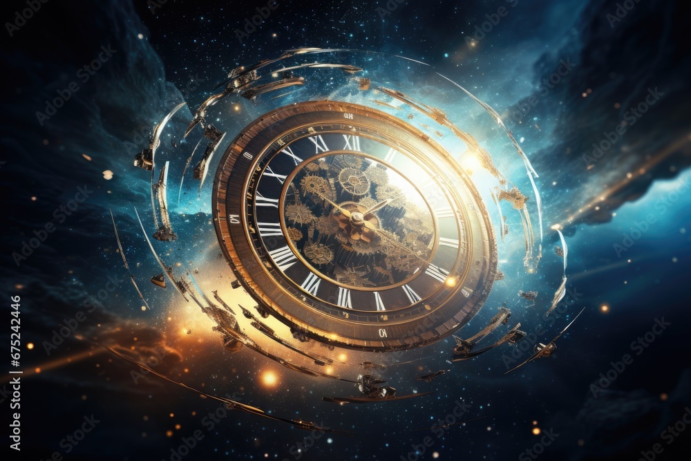 Poster clock face in space with stars and nebula. 3d rendering, passage of time with clock in space, ai gen