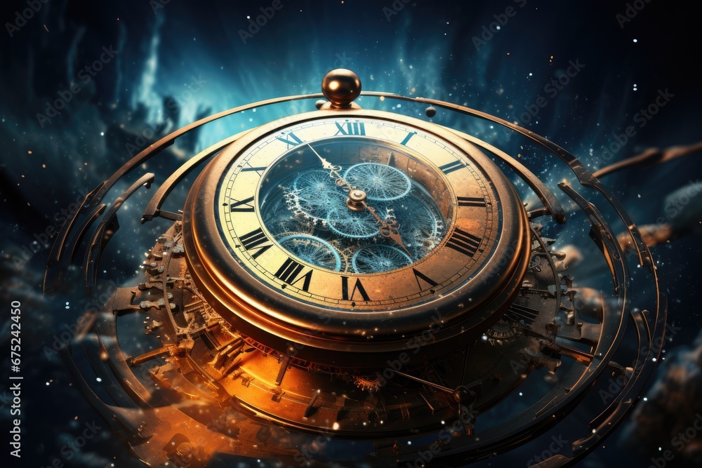 Poster time concept with vintage clock and space background. 3d rendering, passage of time with clock in sp