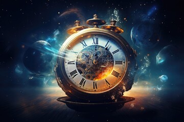 Time concept with vintage alarm clock against space background. 3D rendering, Passage of time with clock in space, AI Generated - obrazy, fototapety, plakaty