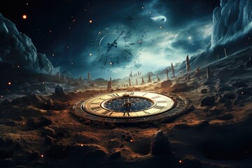 Fantasy landscape with planet and clock. 3D illustration. Elements of this image furnished by NASA, Passage of time with clock in space, AI Generated