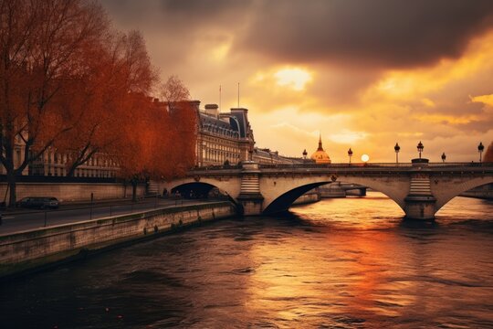 Beautiful view of Seine river at sunset, Paris, France, Paris France with River Seine - amazing travel photography, AI Generated