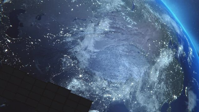 Concept Data transfer. Artificial satellite of the earth. a satellite flying in space over the globe. 3d render animation