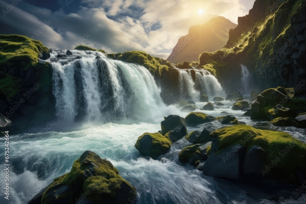 Wall mural Skogafoss waterfall in Iceland, Europe. Artistic style post processed photo, Perfect view of famous powerful Gljufrabui cascade in sunlight. Dramatic and gorgeous scene. Unique, AI Generated