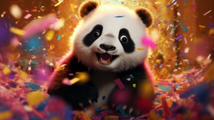 a baby panda rolling amidst New Year confetti, its fluffy fur reflecting the colorful surroundings, bringing an adorable charm to the festivities of 2024.