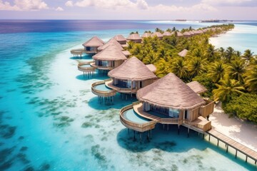 Obrazy na Plexi  Tropical beach with water bungalows at Maldives, Perfect aerial landscape, luxury tropical resort or hotel with water villas and beautiful beach scenery, AI Generated