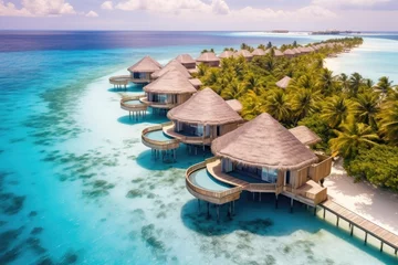  Tropical beach with water bungalows at Maldives, Perfect aerial landscape, luxury tropical resort or hotel with water villas and beautiful beach scenery, AI Generated © Iftikhar alam