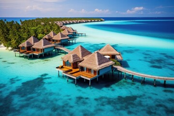 tropical beach in Maldives with few palm trees and blue lagoon, Perfect aerial landscape, luxury...