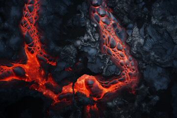 Hot lava flows on rocks eruption of red magma