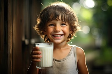 Cute little boy with glass of milk on blurred background, closeup, perfect kids smile, happy boy with beautiful white milk toothy smile, AI Generated