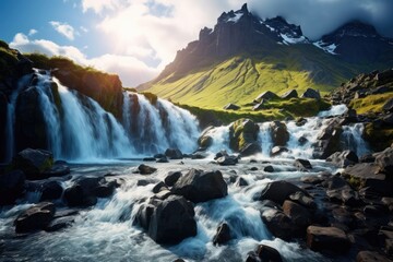 Fototapeta na wymiar Beautiful summer landscape with mountain waterfall. Iceland, Europe. Beauty world, Perfect view of famous powerful Gljufrabui cascade in sunlight. Dramatic and gorgeous, AI Generated