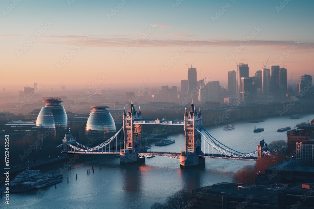 Wall mural London city skyline at sunset with Tower Bridge and Thames river, UK, Photo of London skyline at sunrise, AI Generated