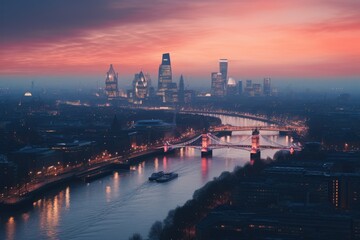Fototapeta na wymiar Panoramic view of the city of Frankfurt am Main at sunset, Photo of London skyline at sunrise, AI Generated