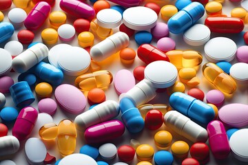 Colorful pills on black background. Focus on foreground, soft bokeh, Pile of colorful medicine pills and capsules in blister packs, AI Generated