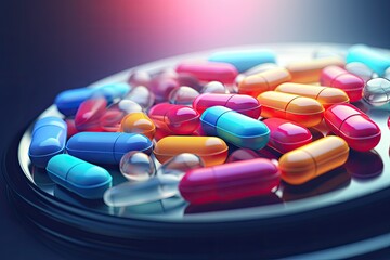 Colorful pills on a black background. 3d illustration. Toned, Pile of colorful medicine pills and capsules in blister packs, AI Generated