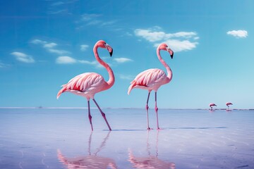 Two flamingos standing in the water at Salar de Uyuni, Bolivia, Group birds of pink african flamingos walking around the blue lagoon on a sunny day, AI Generated