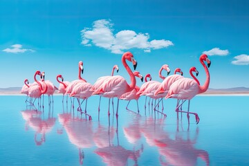 Flamingos in the lagoon of Salar de Uyuni, Bolivia, Group birds of pink african flamingos walking around the blue lagoon on a sunny day, AI Generated