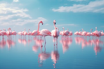 Flamingos in the lake at sunset. Pink flamingos on blue sky background, Group birds of pink african flamingos walking around the blue lagoon on a sunny day, AI Generated - Powered by Adobe