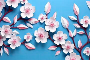 Cherry blossom on blue background. 3d illustration. Paper cut style, Pink and white flowers on a blue background, AI Generated