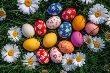 Vibrant Painted Easter Eggs with Floral Detail in Stunning Close-Up