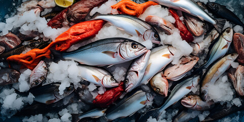 Top view of variety of fresh fish and seafood on ice. Fresh Fish Market Showcase