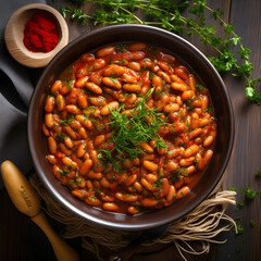 Stewed cranberry beans or borlotti in tomato sauce with herbs close-up in a bowl on the table. horizontal top view from above