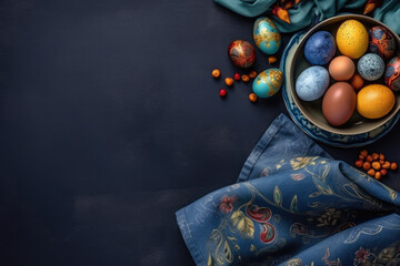 Easter banner with painted eggs and napkin on dark blue backround. Top view, flat lay with copy space