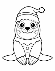 graphics of a seal in a Santa's hat, a coloring book for children for Christmas