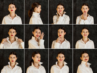 Actor emotions portfolio, collage set portraits of teen cover girl 15 year old with different...