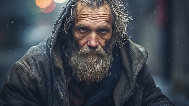 Homeless man on the street of a big city, alcoholism, drug addiction, low social responsibility, poverty