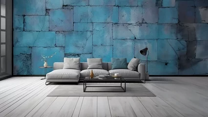 Foto op Plexiglas Habitación moderna, salón con sofá, mesilla y alfombra con pared de piedra en color azul © Vletal