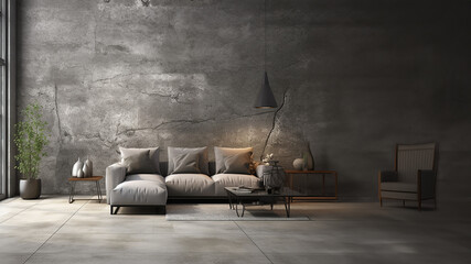 Habitación moderna, salón con sofá, mesilla y butaca con colore grises y sombras