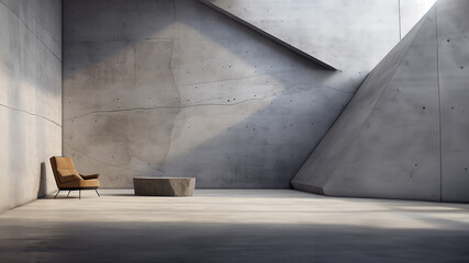 Espacio de diseño muros de cemento visto con iluminación calidad, butaca marrón  - obrazy, fototapety, plakaty