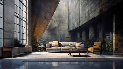 Habitación moderna, salón de diseño con sofá, mesilla y alfombra - obrazy, fototapety, plakaty