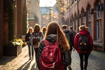 Fototapeta premium Rear view of two happy cute children, age 15, walking side by side on the street in the school area.by Generative AI