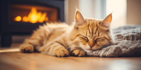 Cat sleeping near fireplace in winter.
