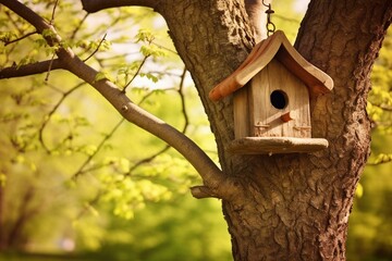 A rustic birdhouse hanging from a tree in a sunny park during spring. Provides shelter for birds. Generative AI - obrazy, fototapety, plakaty