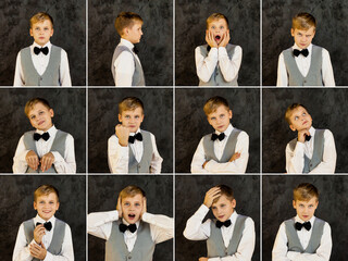 Emotional kid boy model 10-11 year old posing with various facial expressions, actor emotions...