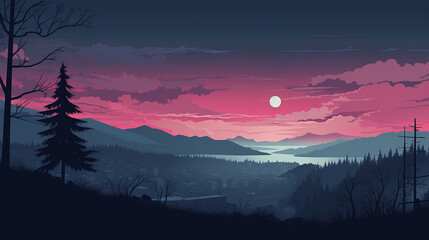 Ilustración de paisaje montañoso con luna al atardecer en color rosa y azul