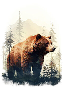 Wild brown bear design for t shirt printing. on white background. wide banner