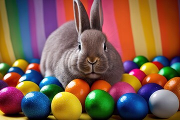 A gray bunny sits in multi-colored Easter eggs on a multi-colored background. AI generated